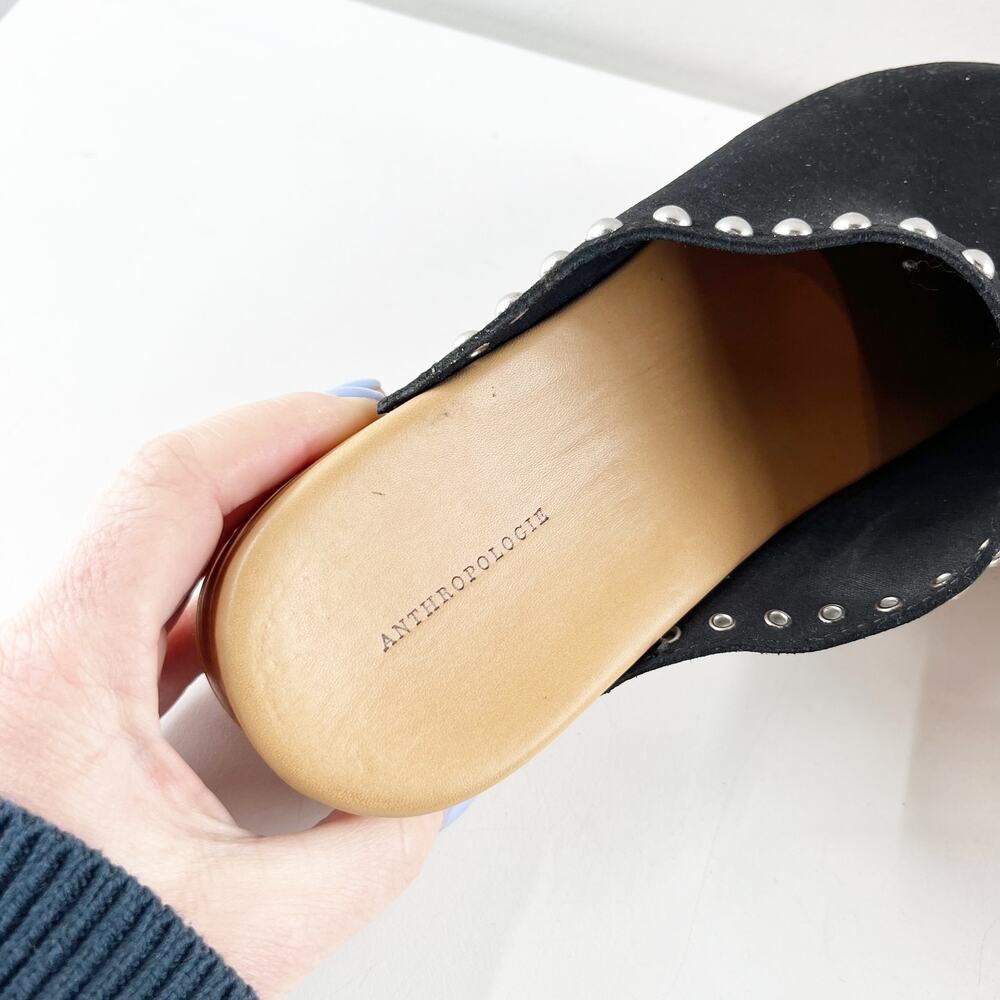 Anthropologie Studded Trim Wood Bottom Clogs Black 40 / US 9.5 / 10 - Picture 5 of 10